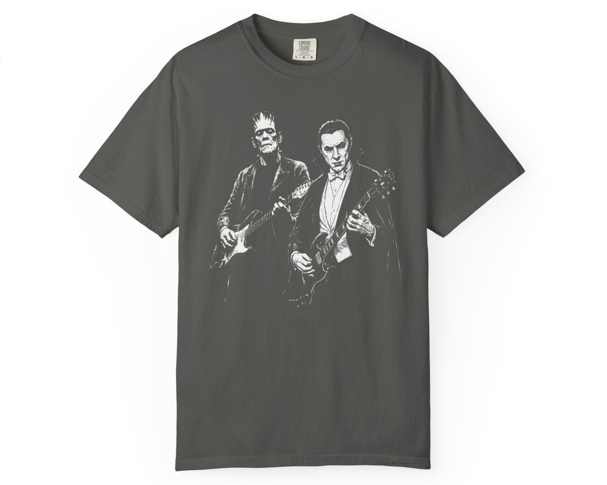 Pepper garment-dyed Frankenstein and Dracula guitar tee with retro Halloween rock band graphic 