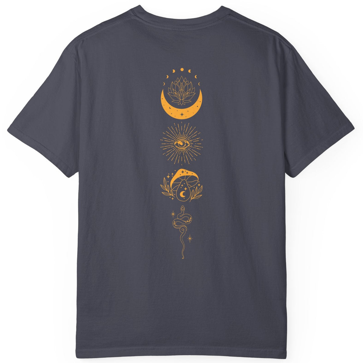 Girls Will Be Girls witch graphic tee in Navy — coven of witches around a campfire with crescent moon, feminist occult design front and back design 