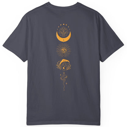 Girls Will Be Girls witch graphic tee in Navy — coven of witches around a campfire with crescent moon, feminist occult design front and back design 