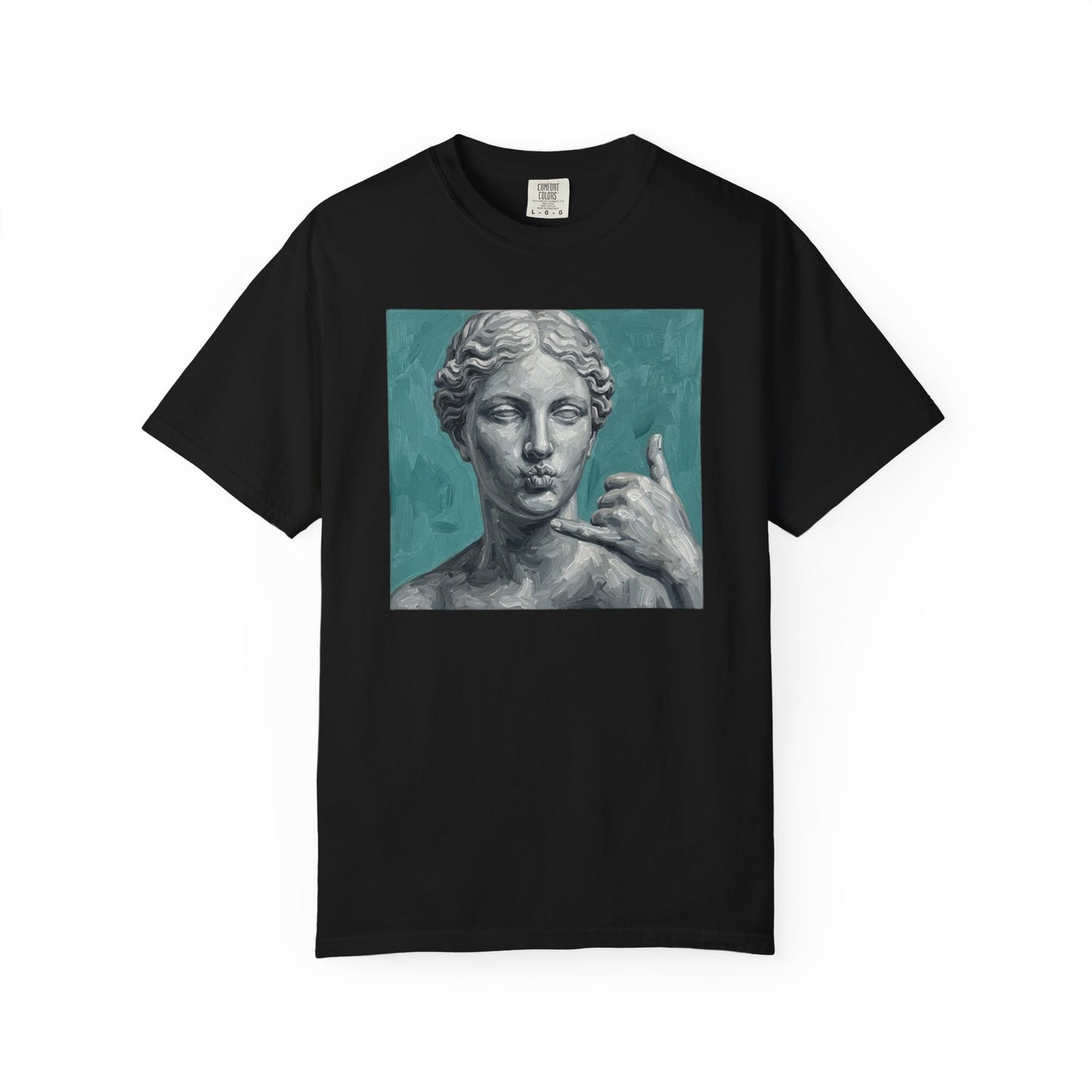 Classical Statue Call Me t-shirt in Black — funny art shirt garment-dyed cotton
