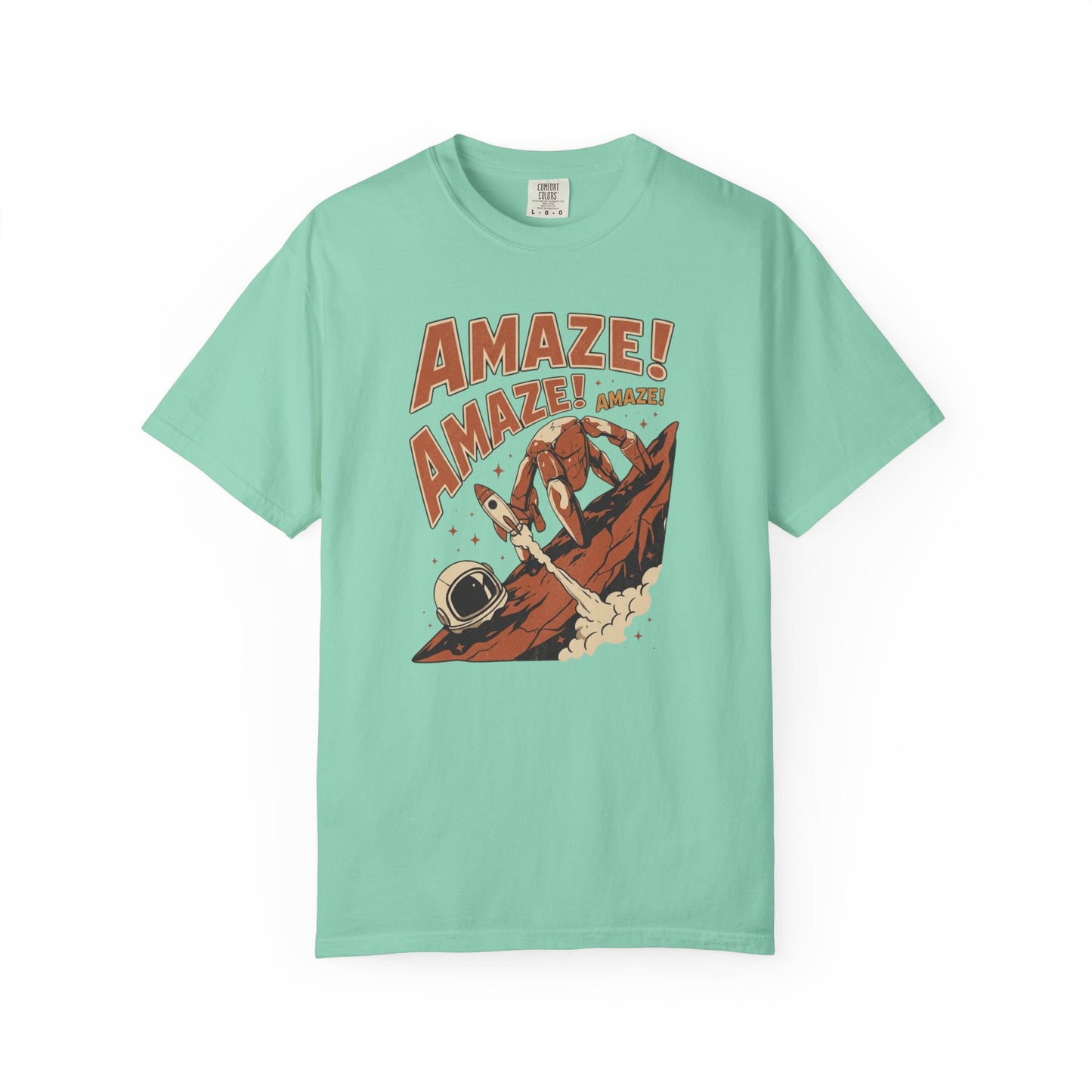 Amaze Rocky Comfort Colors Shirt in Island Reef – sci-fi graphic tee, soft garment-dyed unisex fit