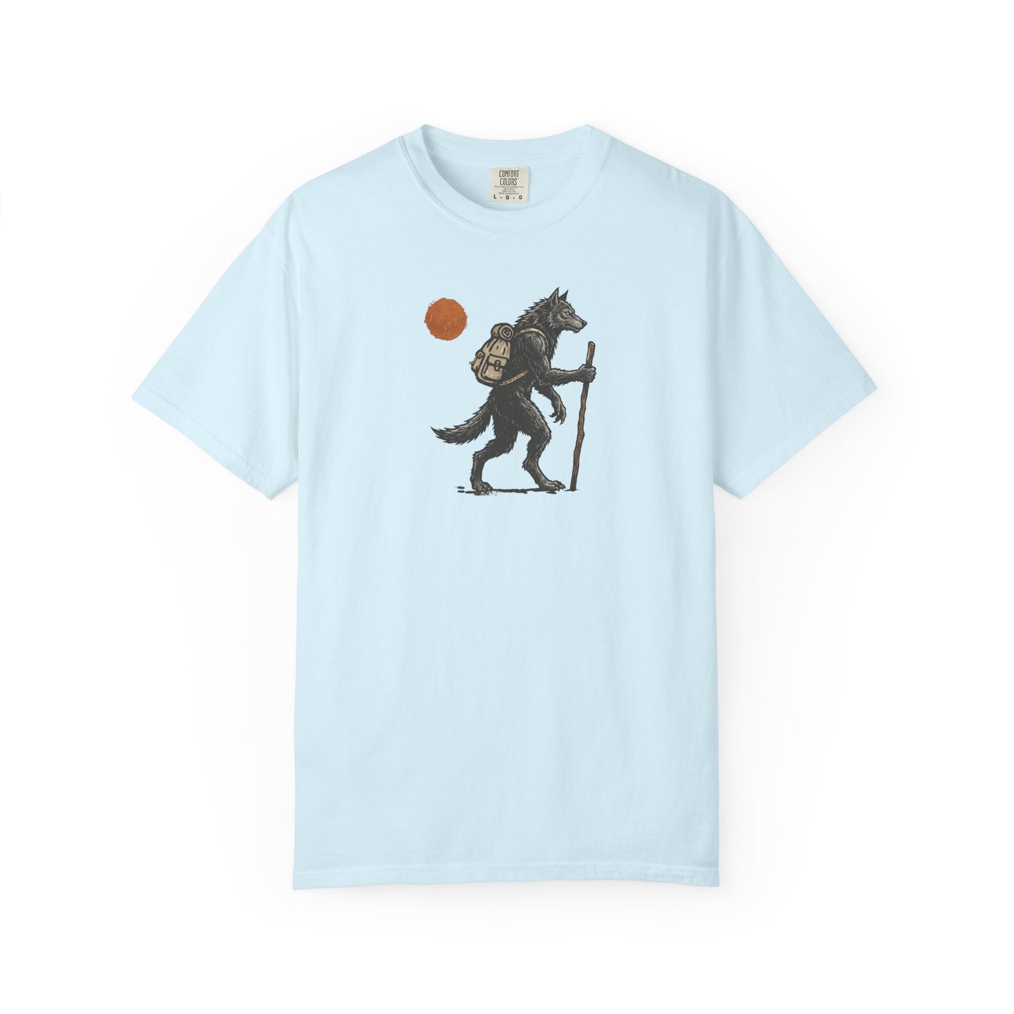 Hiking Wolf graphic t-shirt in Chambray — werewolf with backpack and walking stick print on garment-dyed heavyweight cotton tee.