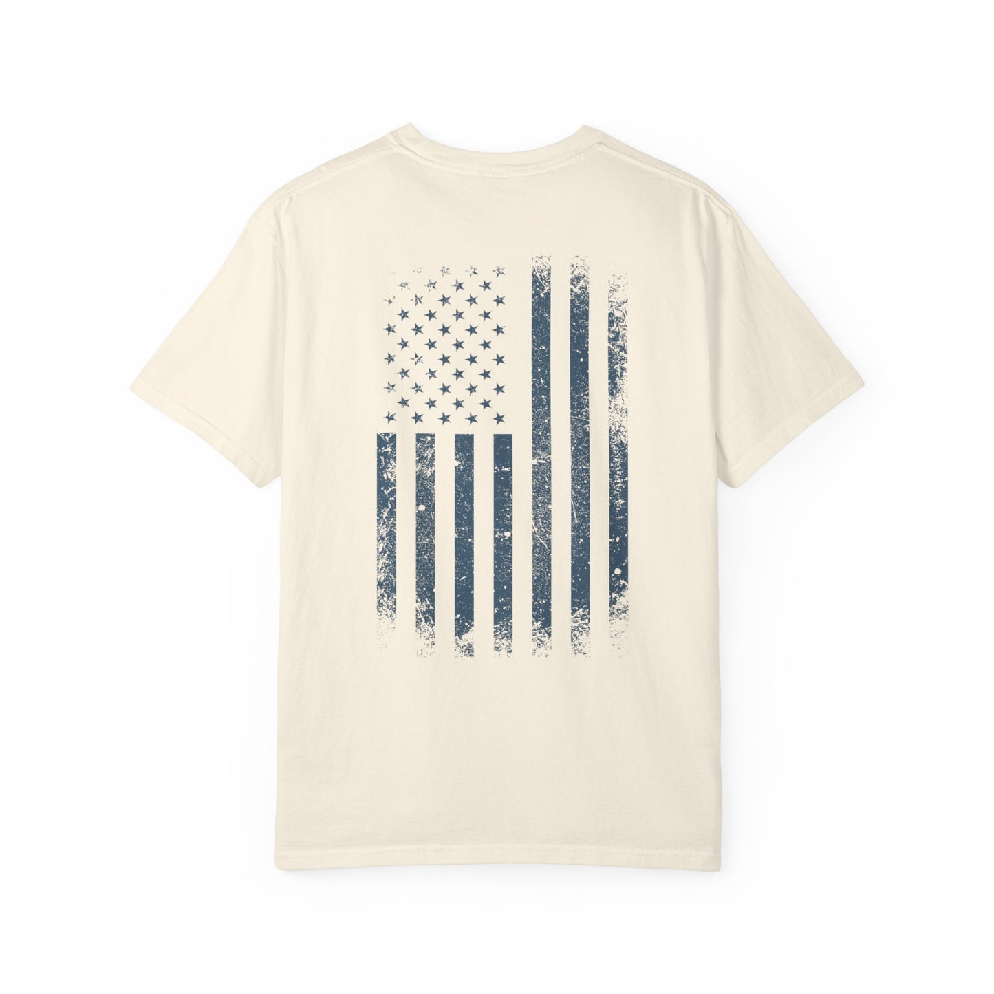 ivory t-shirt with blue graphic design  of soldiers and a flag on front and back 