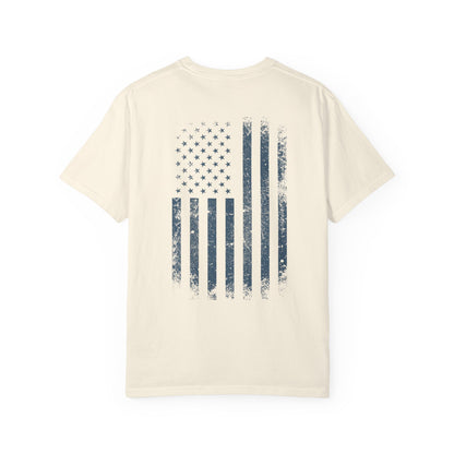 ivory t-shirt with blue graphic design  of soldiers and a flag on front and back 