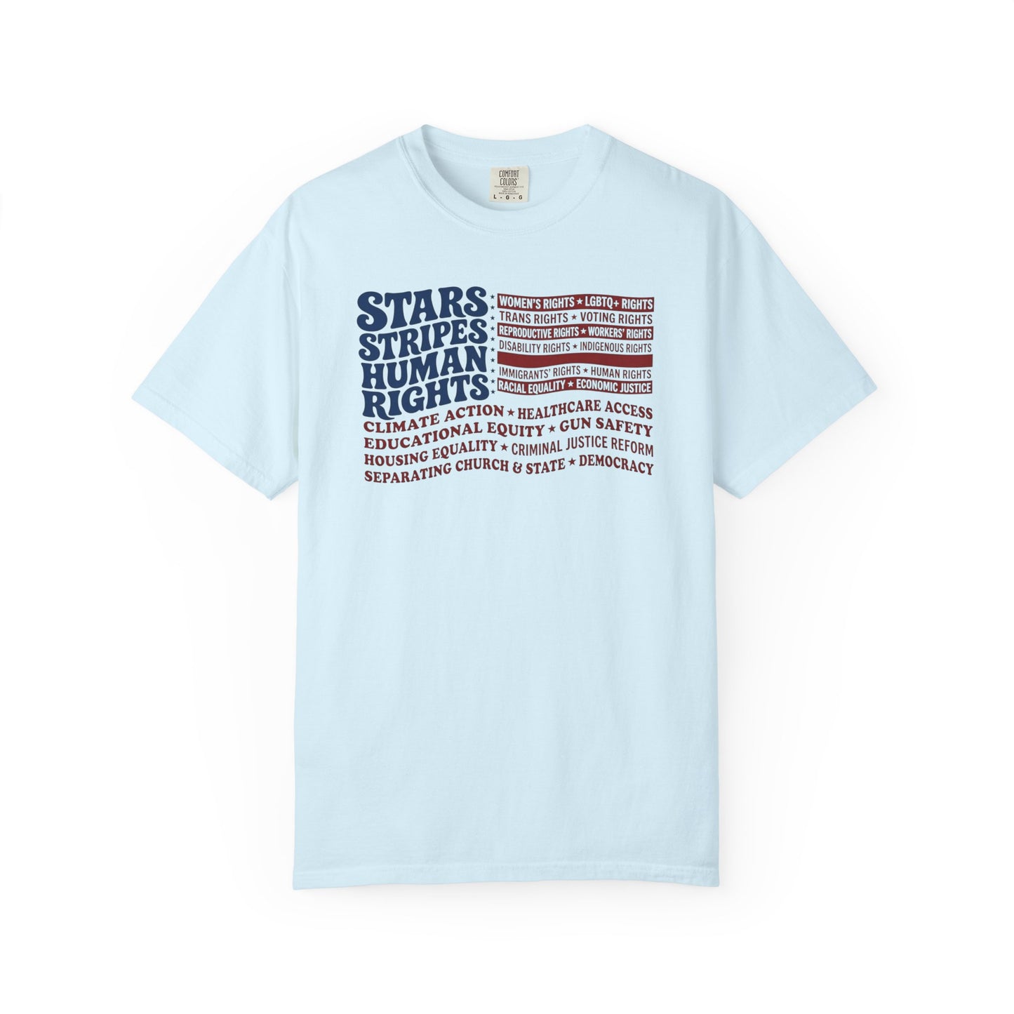 Chambray garment-dyed Stars & Stripes Human Rights T-Shirt, patriotic social justice graphic tee in heavyweight ring-spun cotton