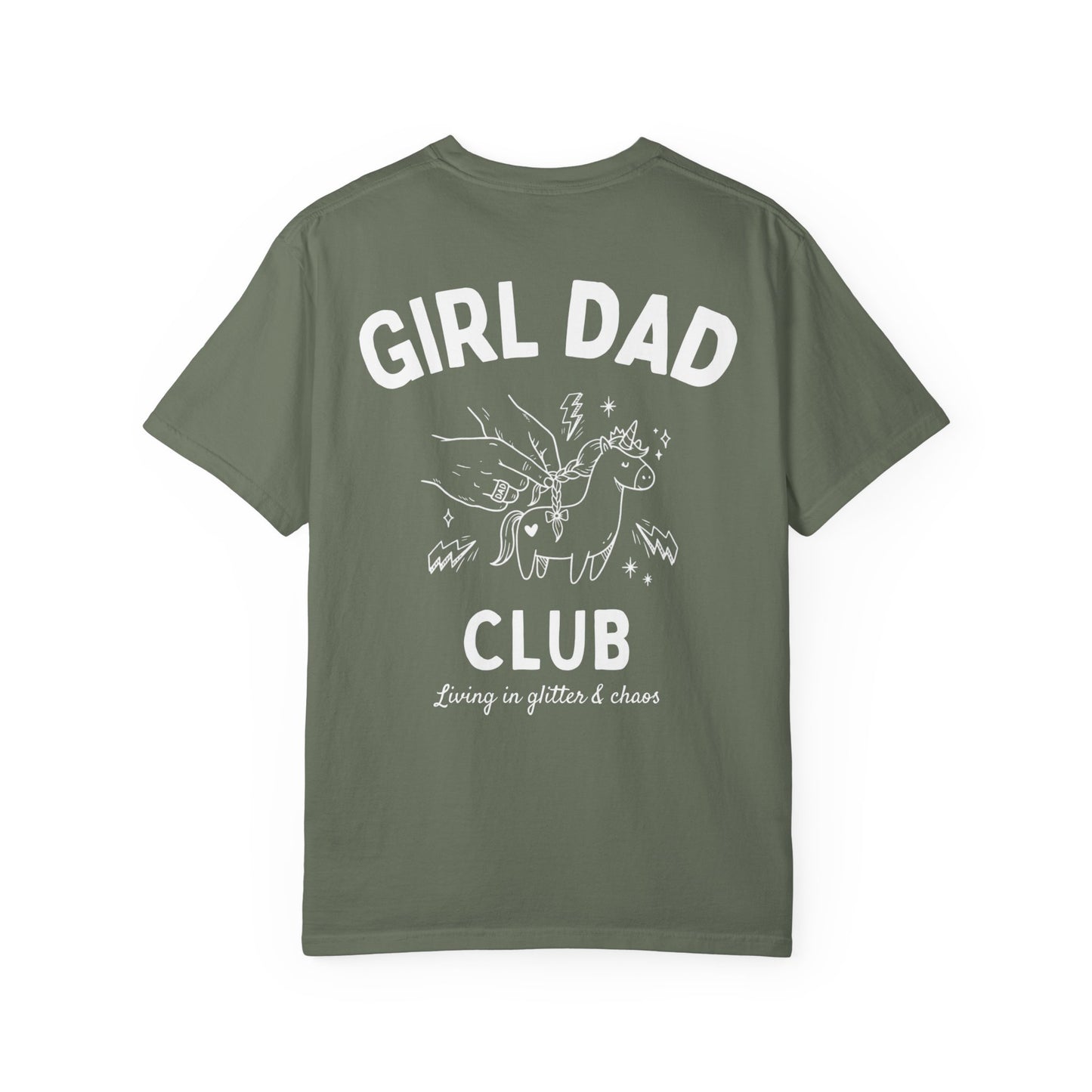 Girl Dad Club moss t-shirt with graphic print on a plain background