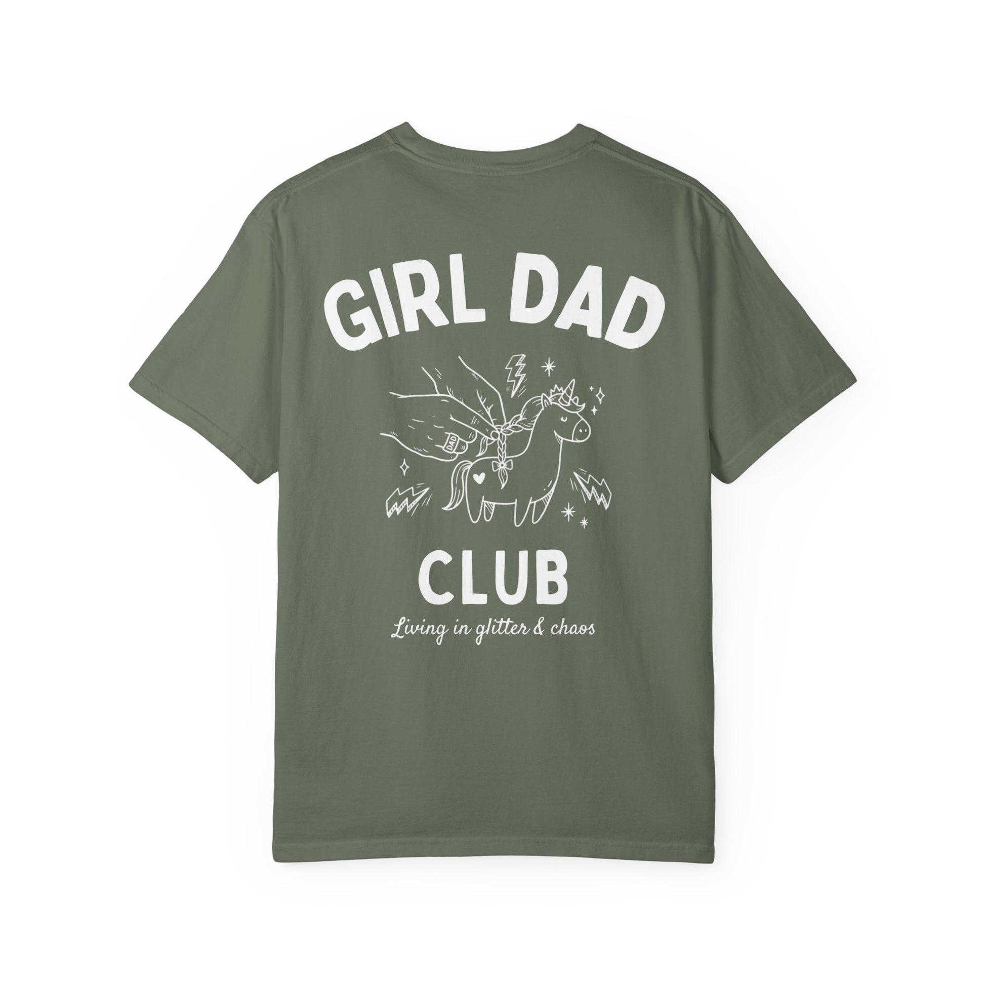 Girl Dad Club moss t-shirt with graphic print on a plain background