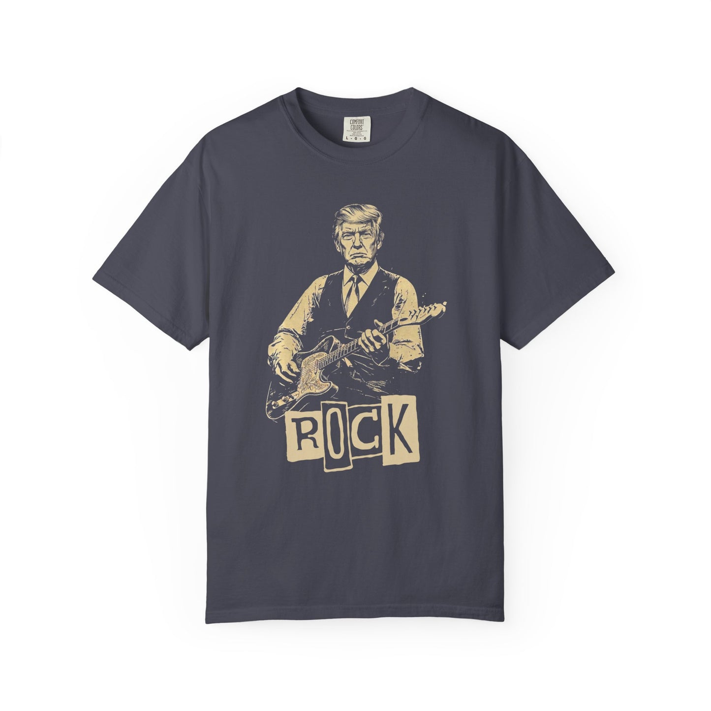  a navy t-shirt with a graphic of president trump playing guitar and the word 'ROCK'.