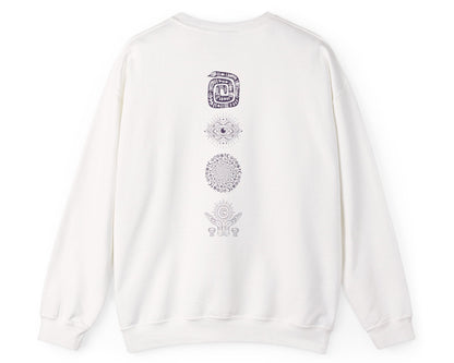 Midnight Margaritas crewneck sweatshirt in White — front cocktail graphic and occult cottagecore symbols on back, including COEXIST