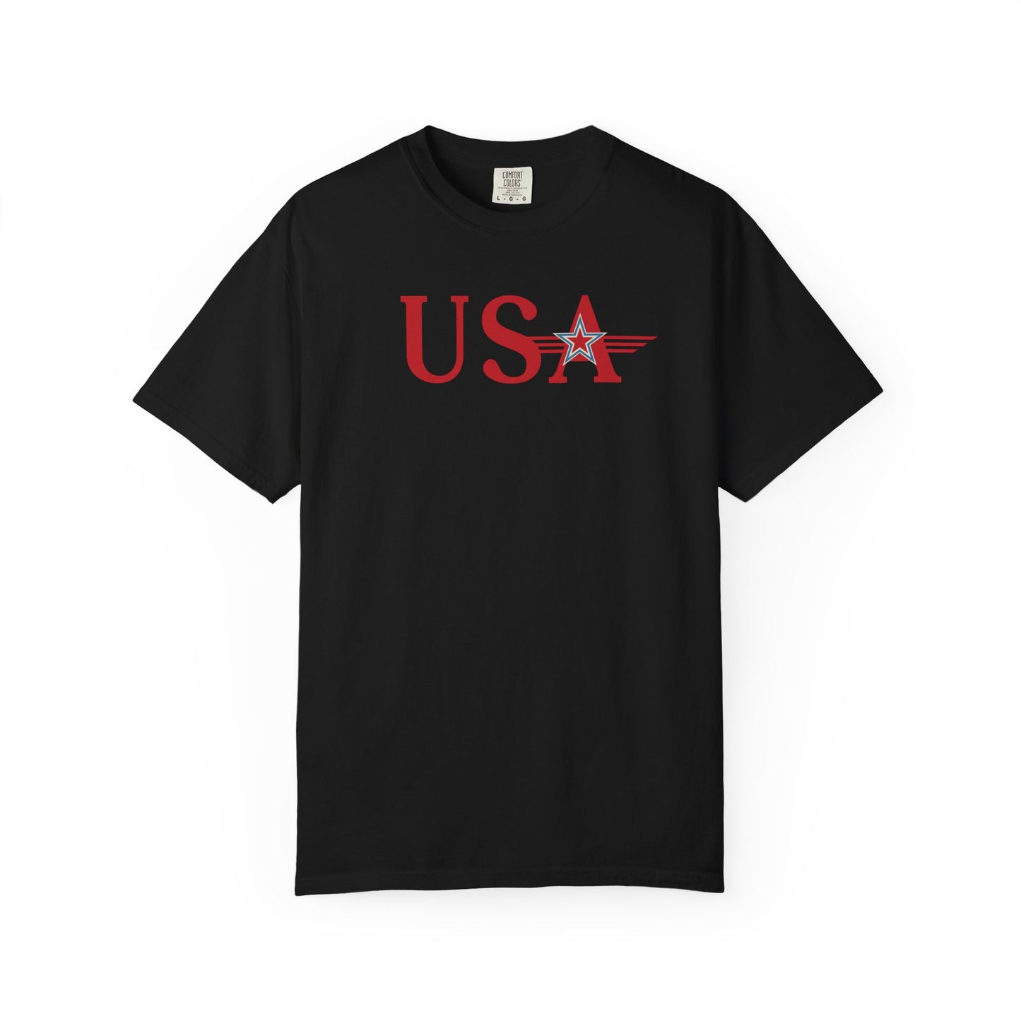 Black t-shirt with graphic text"usa"design on a white background