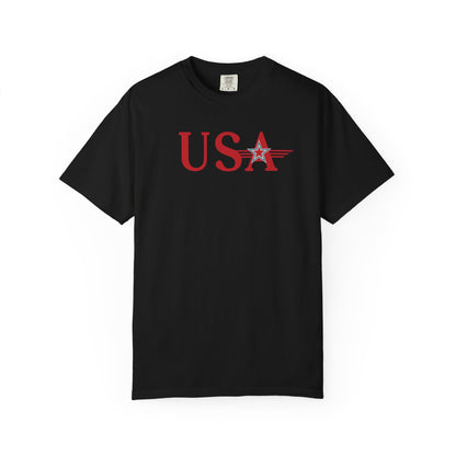 Black t-shirt with graphic text"usa"design on a white background