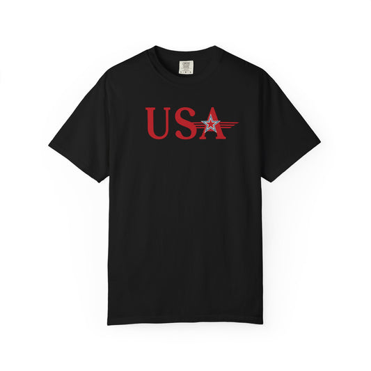 Black t-shirt with graphic text"usa"design on a white background