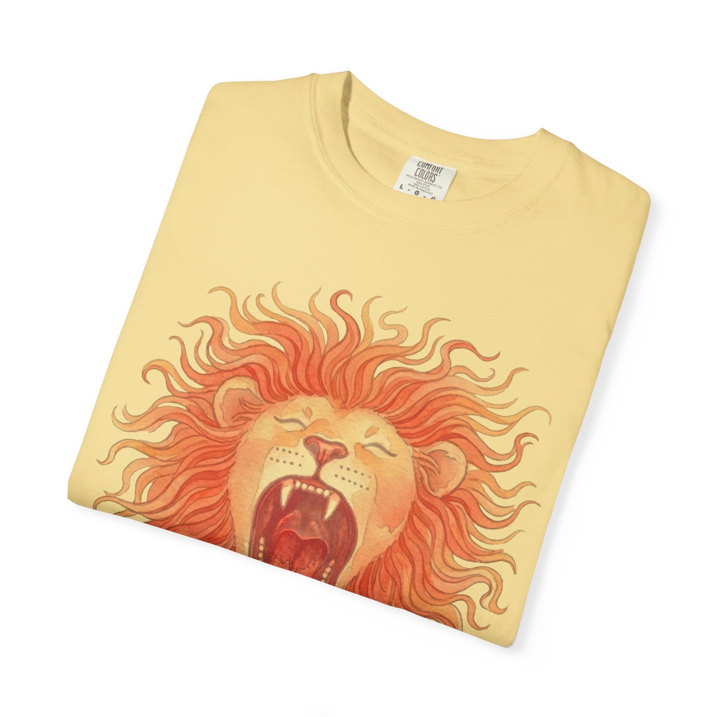 Roaring lion watercolor graphic t-shirt in Butter, garment-dyed cotton tee with bold mane print