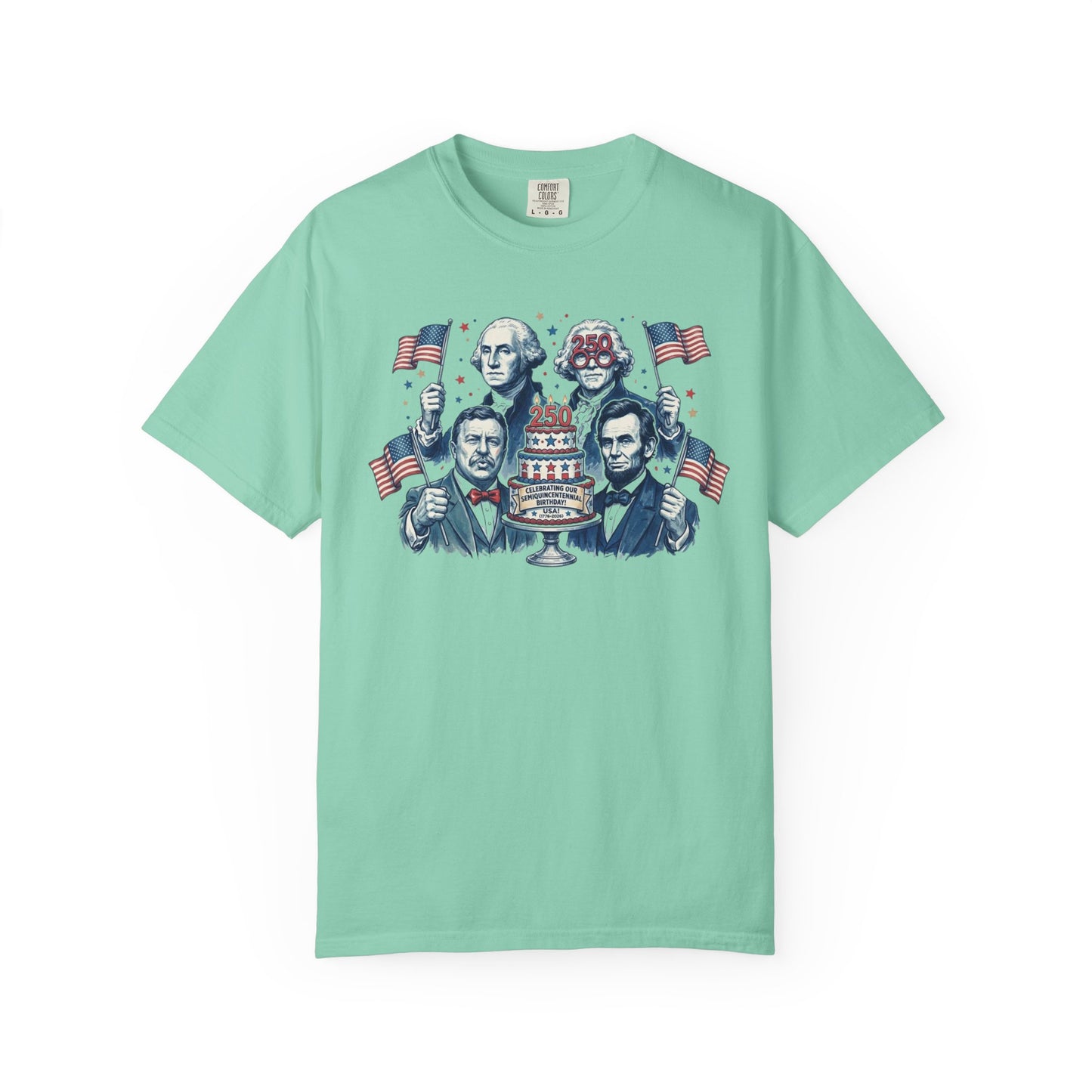 Founding Fathers Birthday Party T-Shirt in Island Reef — America 250th anniversary patriotic graphic tee