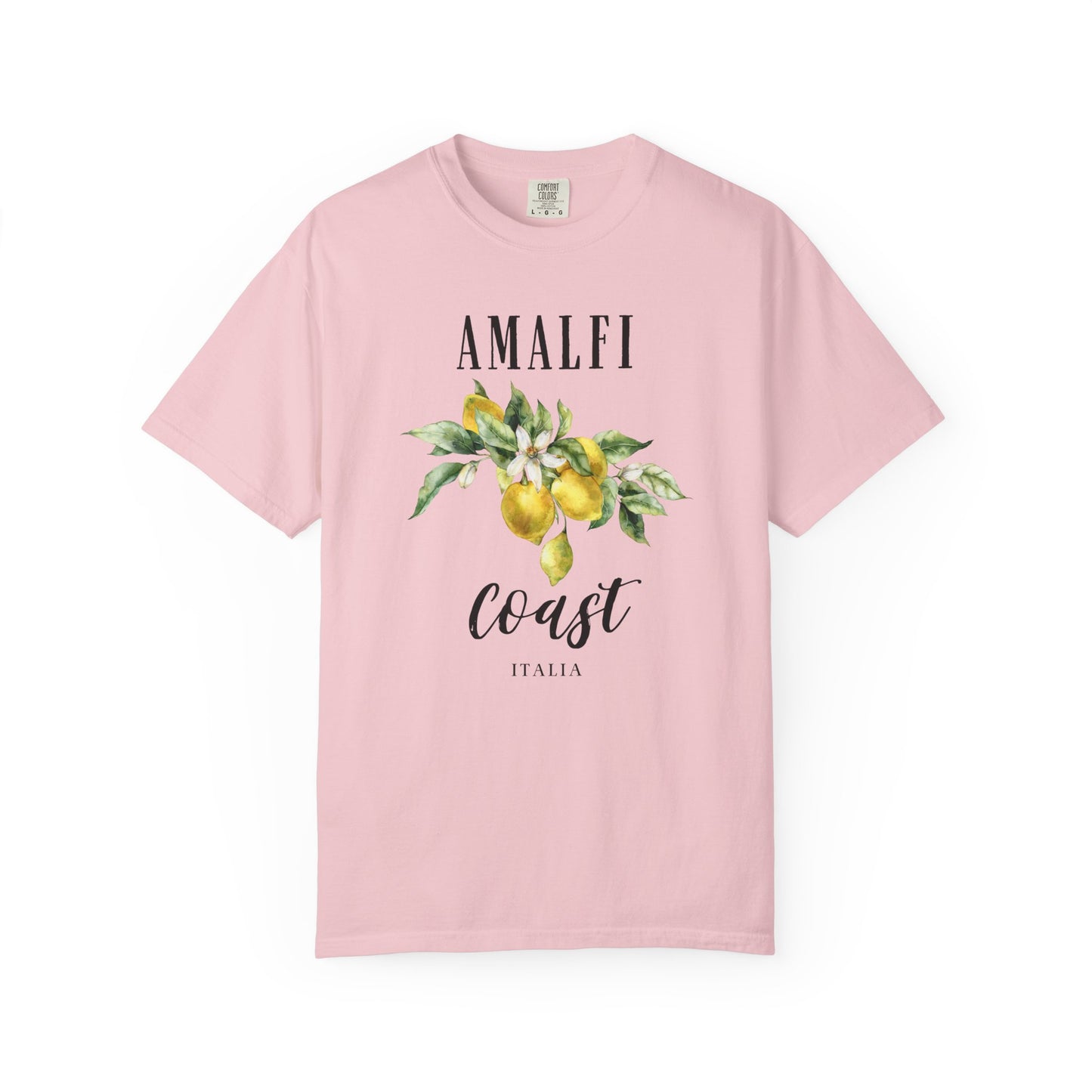 light pink t-shirt with 'Amalfi Coast Italia' design featuring lemons and leaves on a white background.