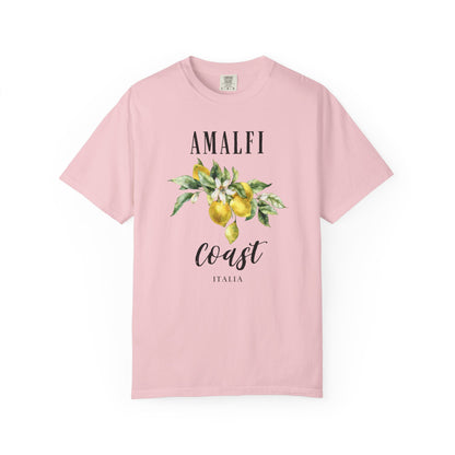light pink t-shirt with 'Amalfi Coast Italia' design featuring lemons and leaves on a white background.