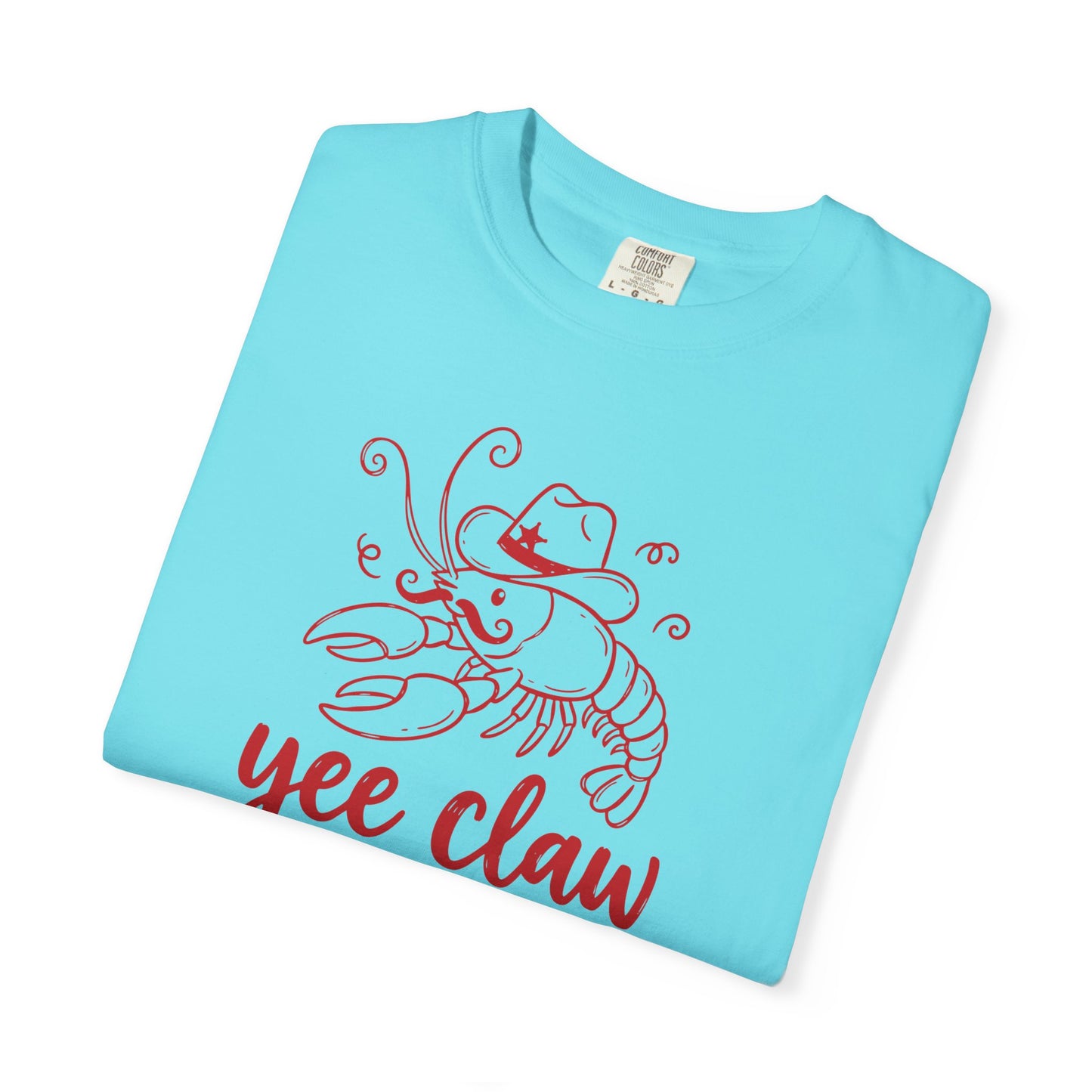 Yee Claw lobster cowboy graphic tee in Lagoon Blue — Comfort Colors garment-dyed summer shirt