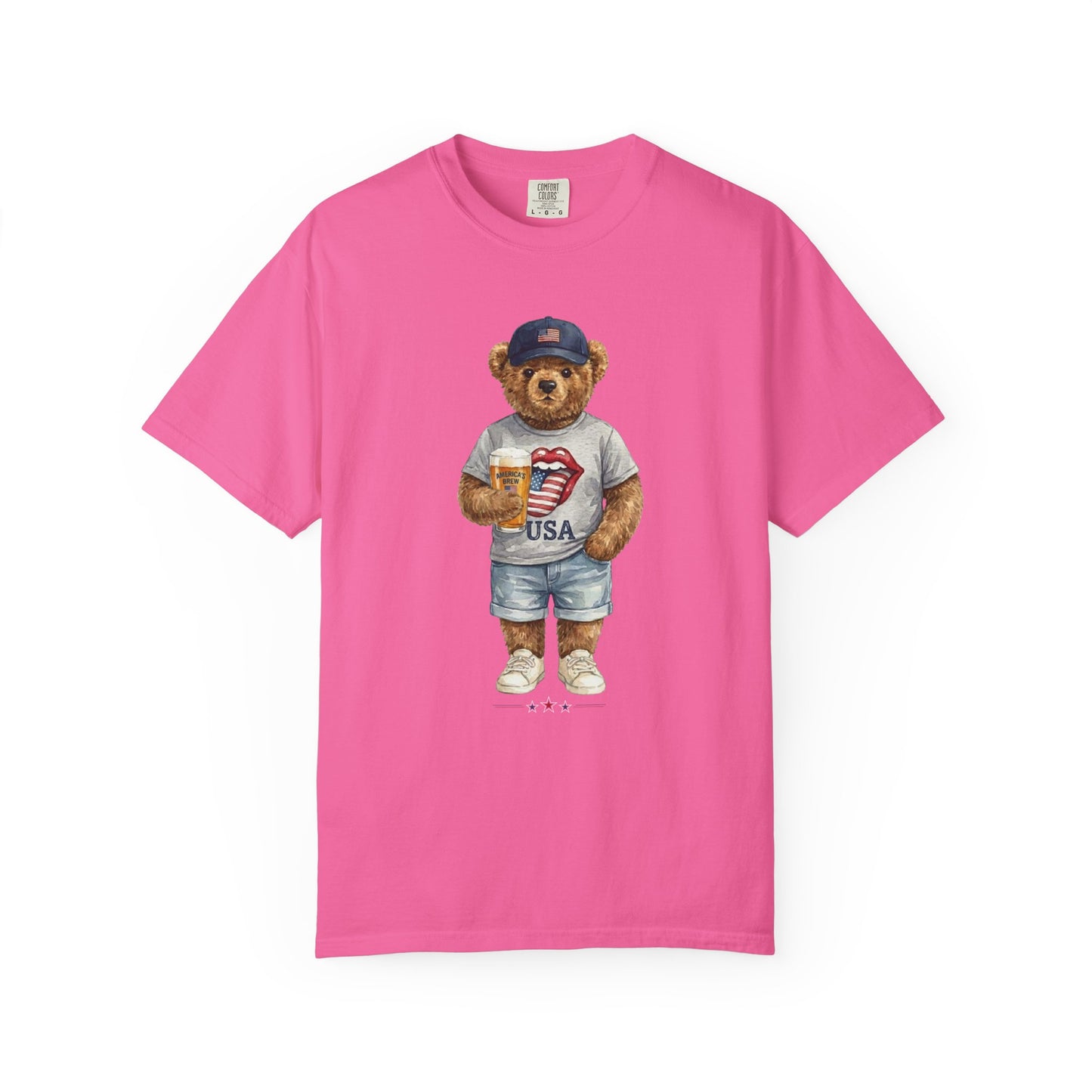 neon Pink t-shirt with a bear graphic wearing a cap and shorts on a white background