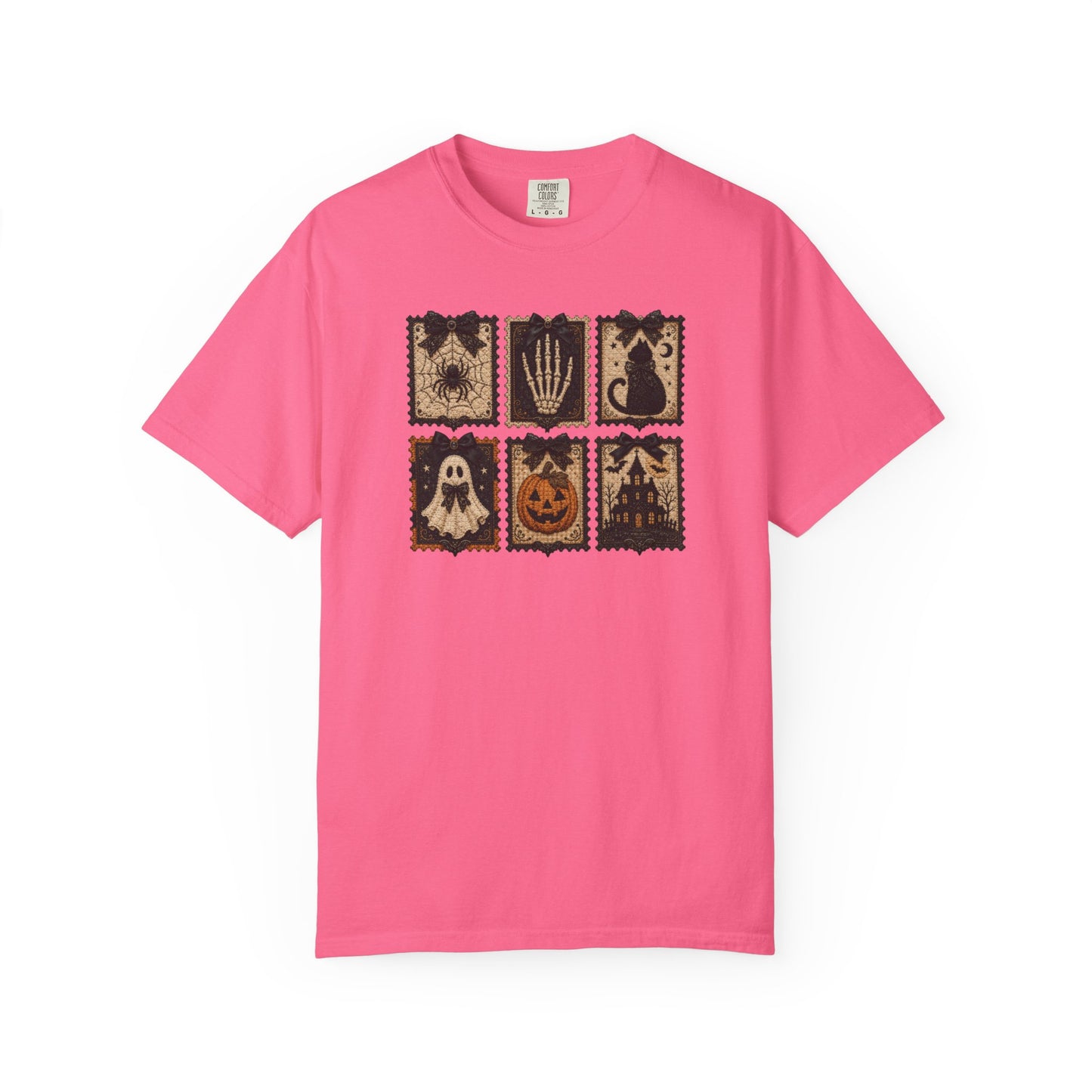 Vintage Halloween Faux Patchwork T-Shirt — Spooky Stamp Graphic Tee