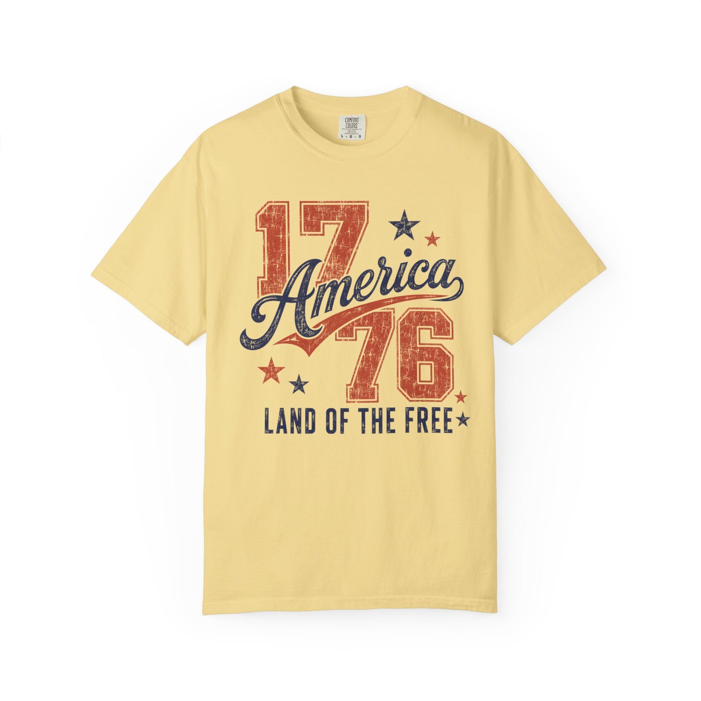 Banana t-shirt with '17 America 76 Land of the Free' text design on a white background