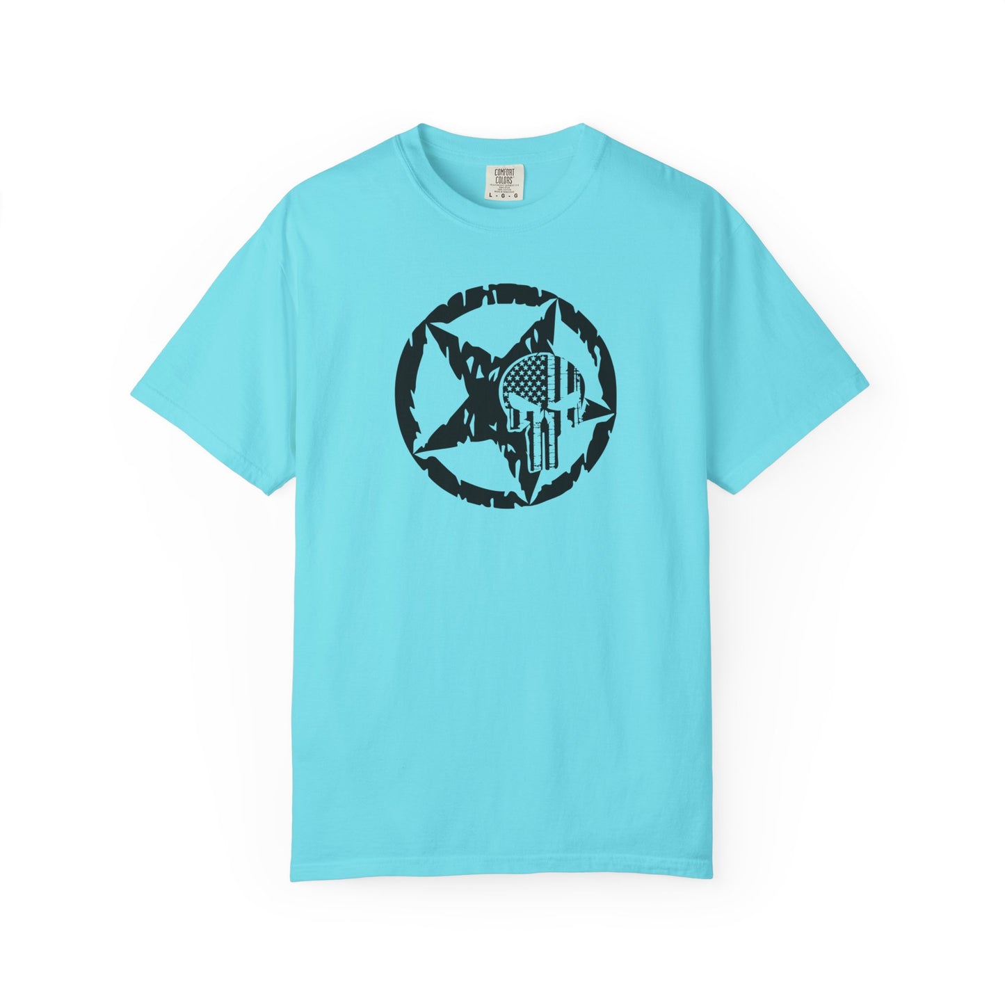 Lagoon Blue t-shirt with white star and circle design on front, and Punisher skull design on back