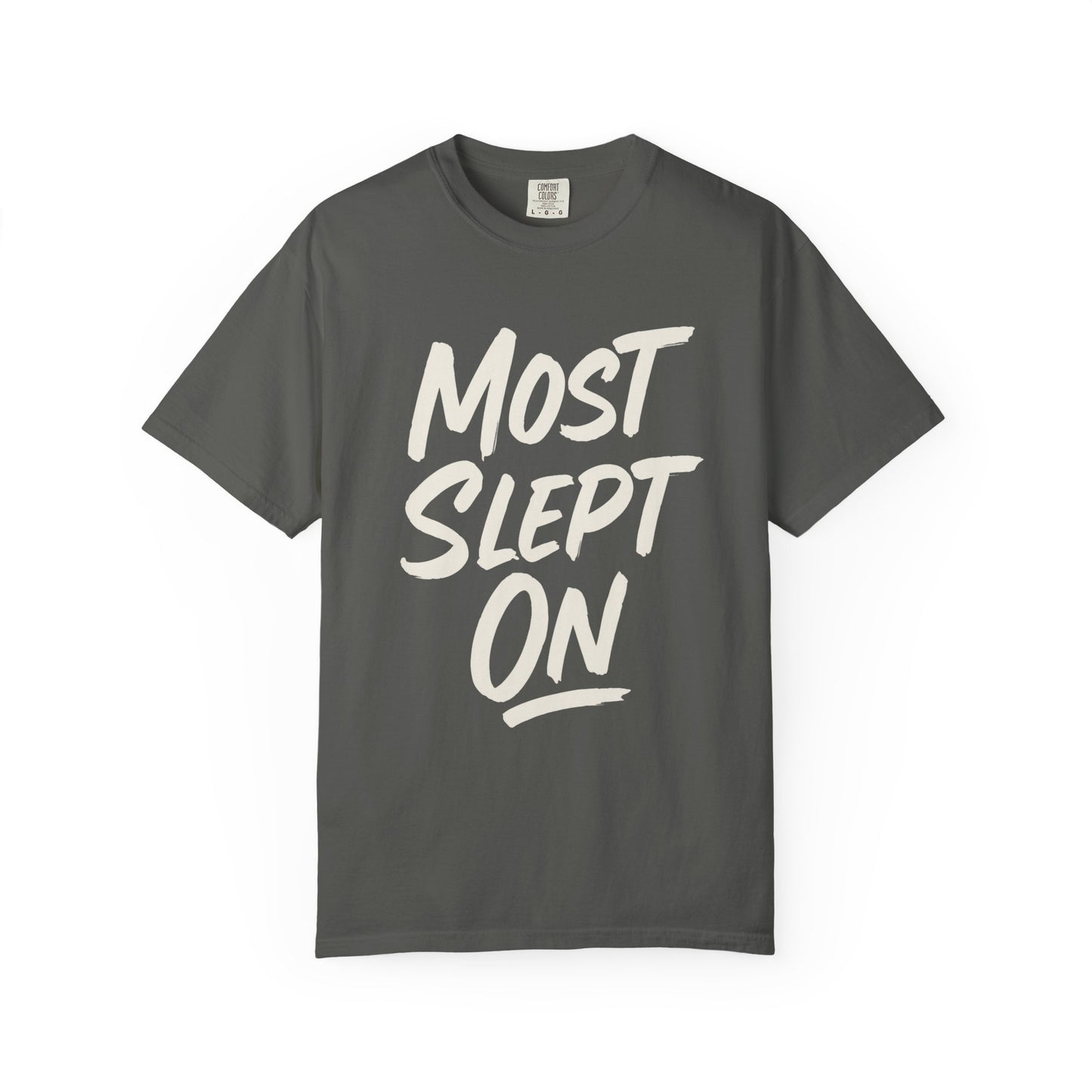 pepper t-shirt with 'MOST SLEPT ON' text on a white background