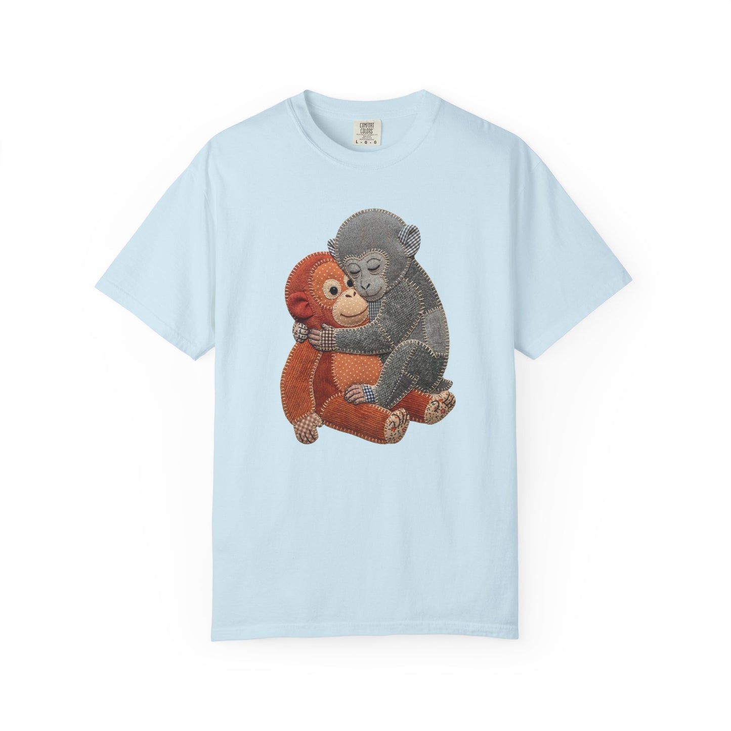 chambray t-shirt with monkey and baby design on a white background