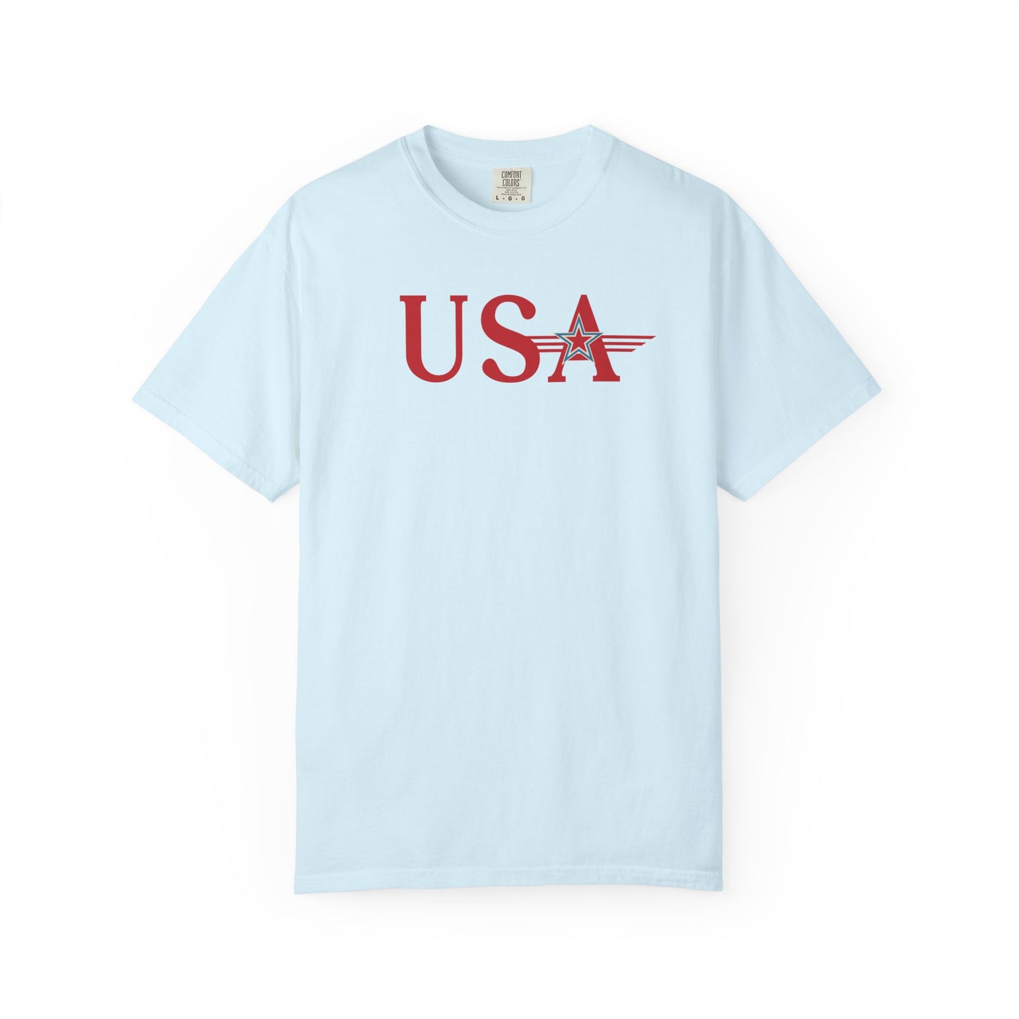 chambray t-shirt with red 'USA' graphic on a white background