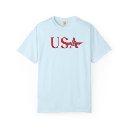 chambray t-shirt with red 'USA' graphic on a white background