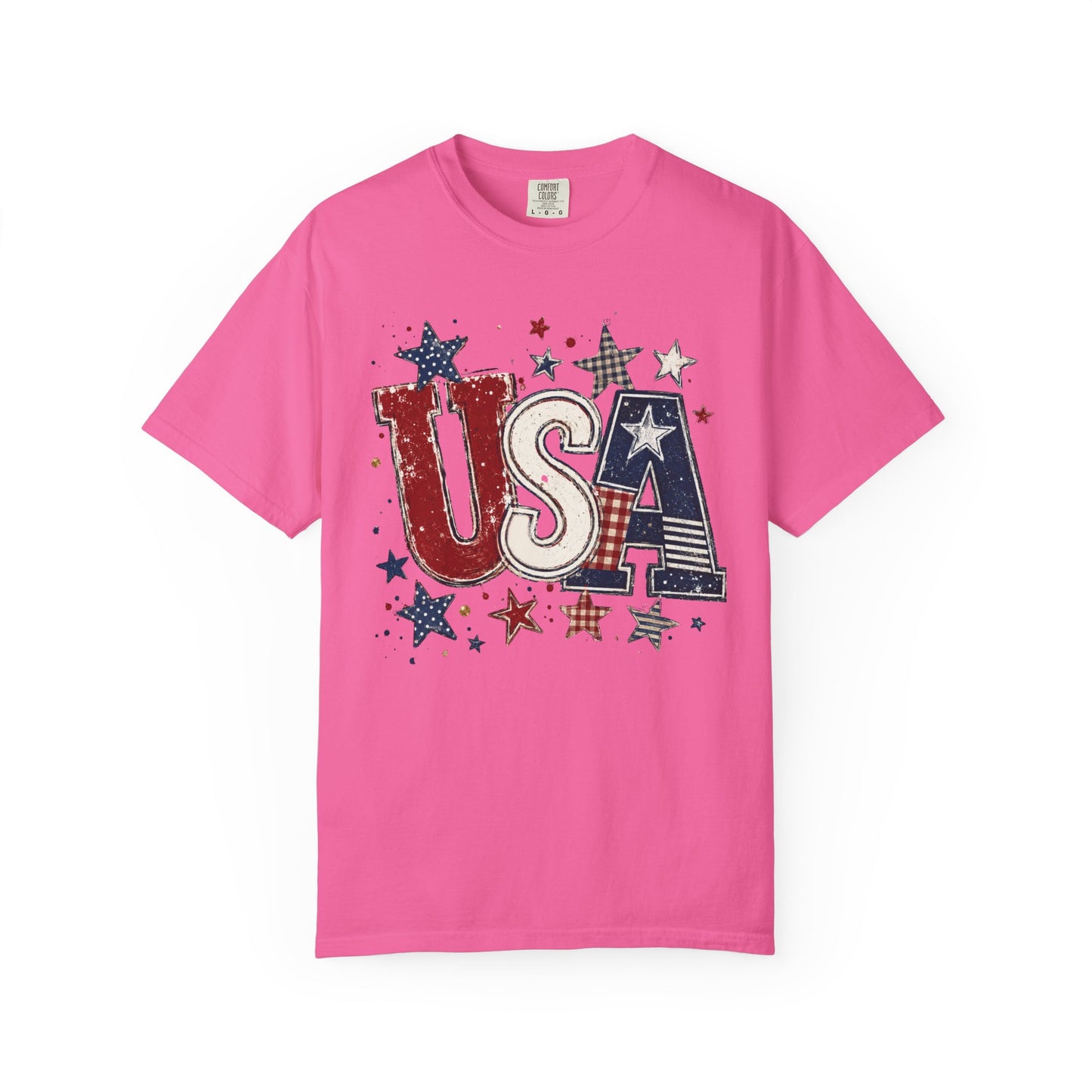 USA Patriotic graphic t-shirt  in neon pink— garment-dyed unisex tee with distressed stars and stripes

