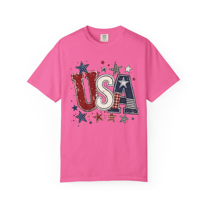 USA Patriotic graphic t-shirt  in neon pink— garment-dyed unisex tee with distressed stars and stripes

