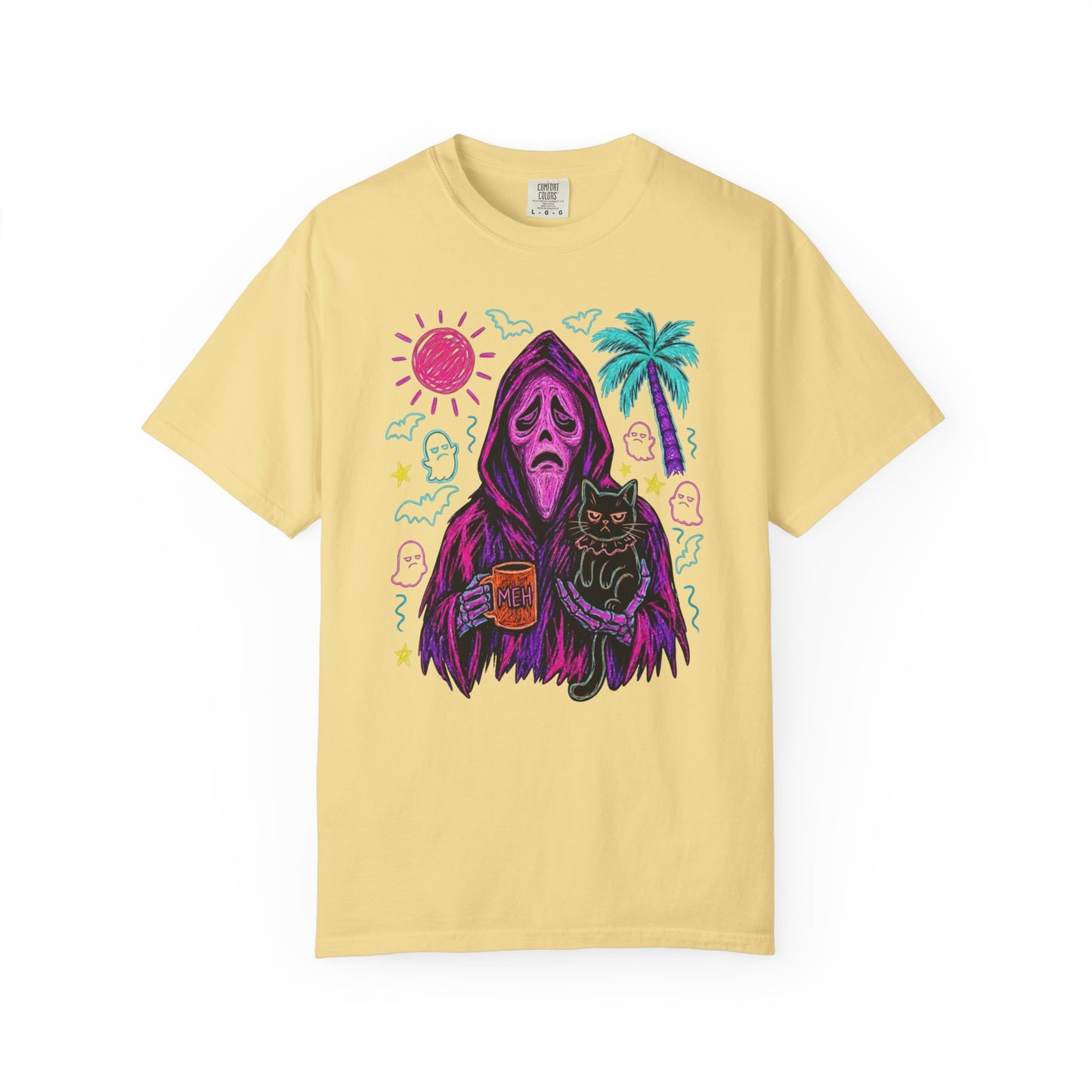 Summerween neon reaper MEH coffee mug black cat graphic on Butter Comfort Colors tee