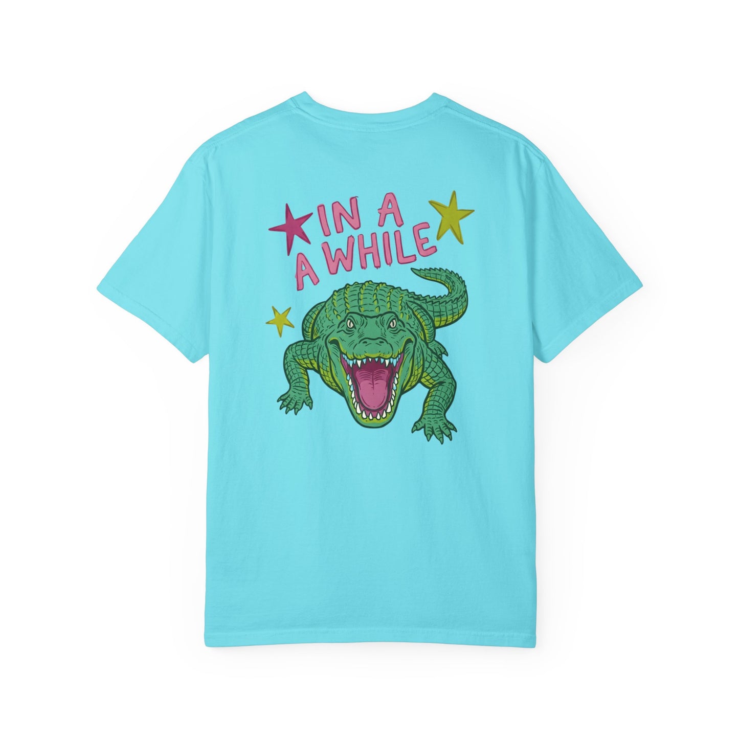 chalky mint t-shirts with alligator graphics on front "later gator" and the text on back i"n a while crocodile"a plain background