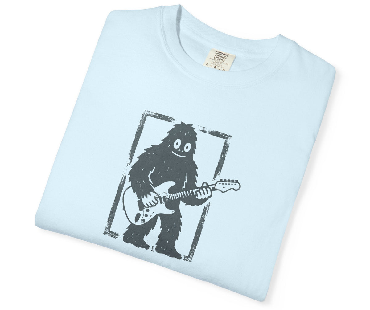 Chambray garment-dyed Bigfoot guitar graphic tee, heavyweight ring-spun cotton vintage band shirt