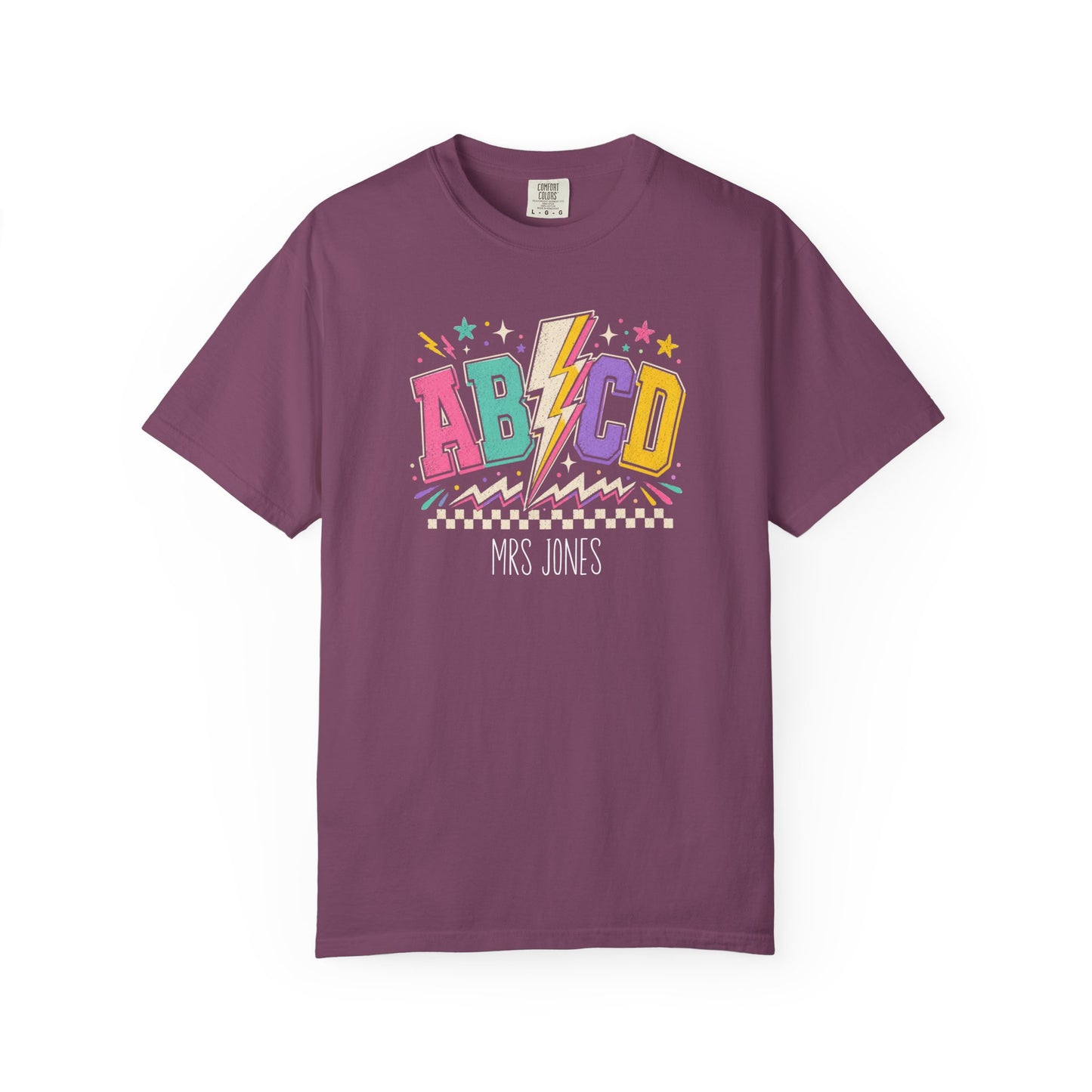 berry t-shirt with colorful 'ABCD' design and text on a white background