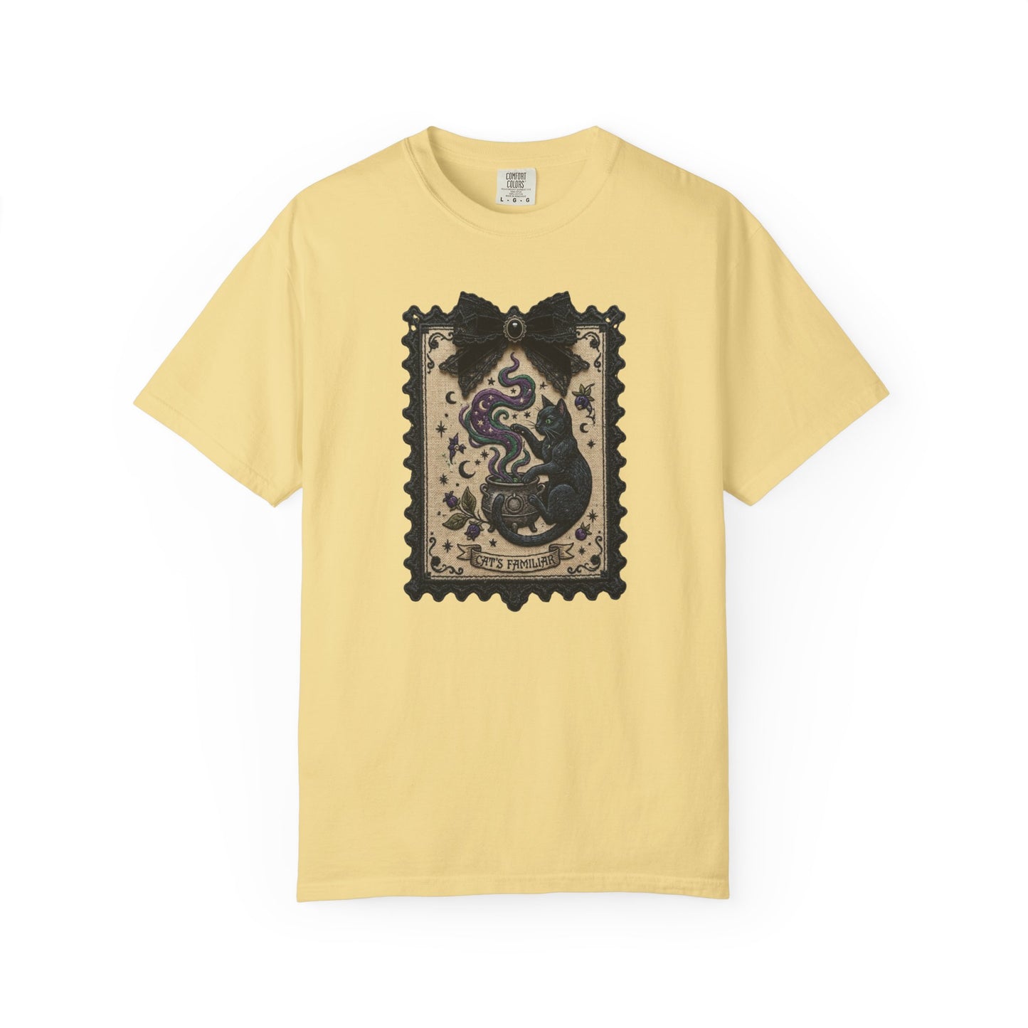 Vintage Black Cat Faux Tarot Stamp T-Shirt in Butter — faux tarot stamp print, soft garment dyed tee
