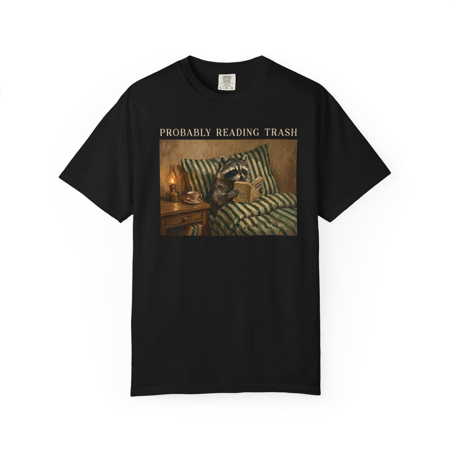 Raccoon Probably Reading Trash T-Shirt in Black – Funny Bookish Graphic Tee