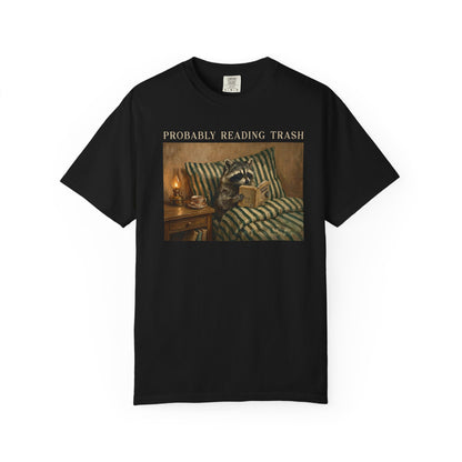 Raccoon Probably Reading Trash T-Shirt in Black – Funny Bookish Graphic Tee
