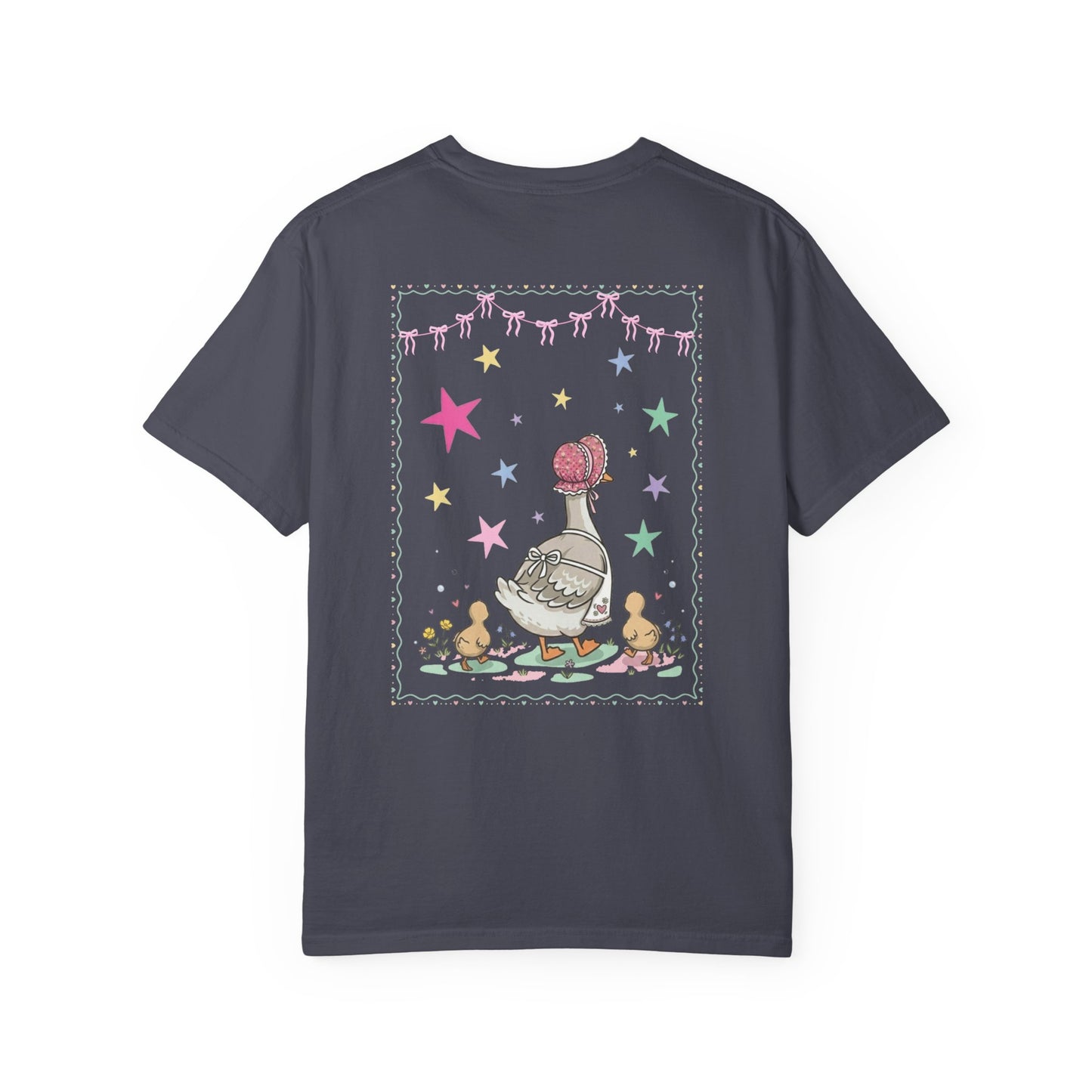 navy t-shirts with front and back graphic designs of a mother goose her ducklings with phrase "everyday im mothering" and text on a white background