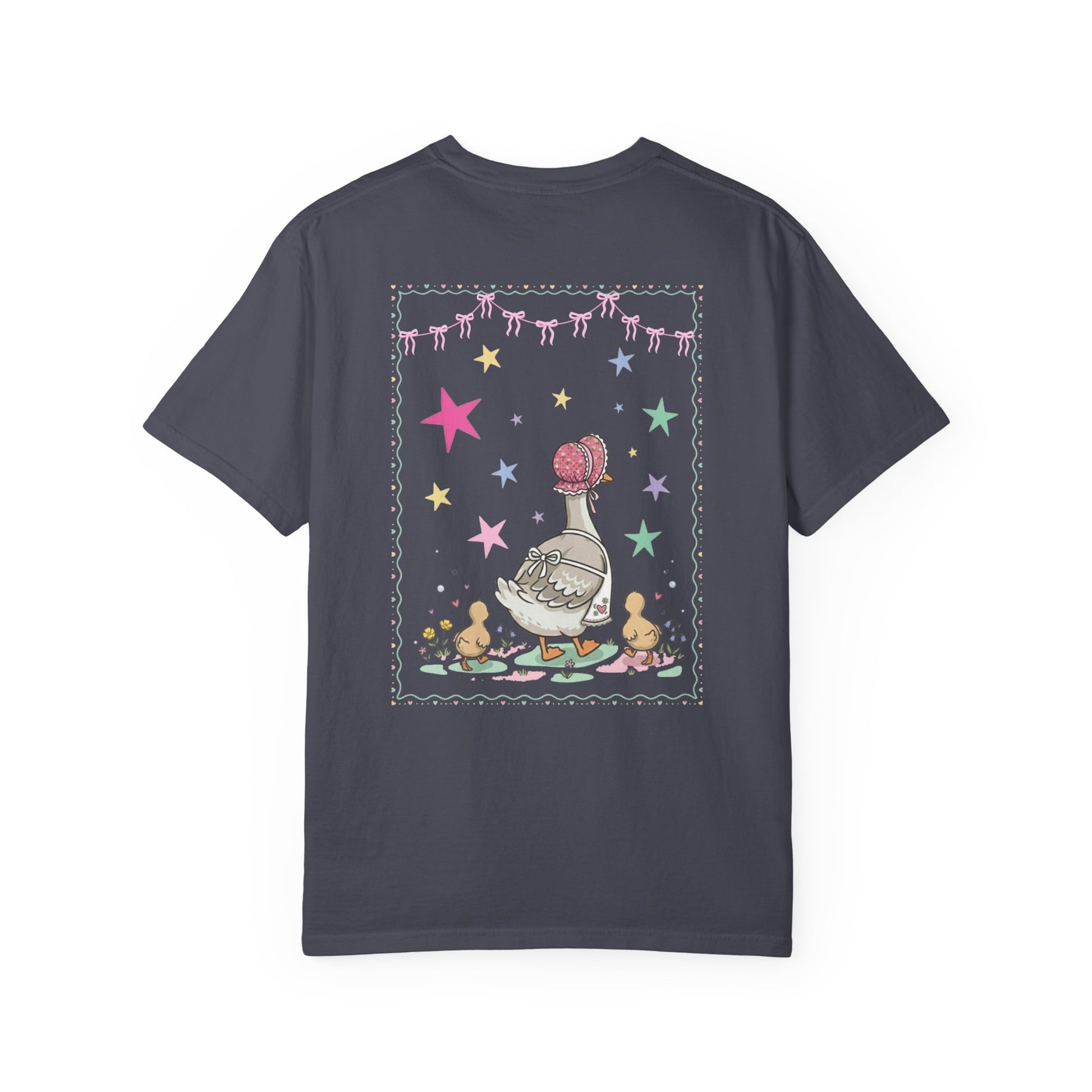 navy t-shirts with front and back graphic designs of a mother goose her ducklings with phrase "everyday im mothering" and text on a white background