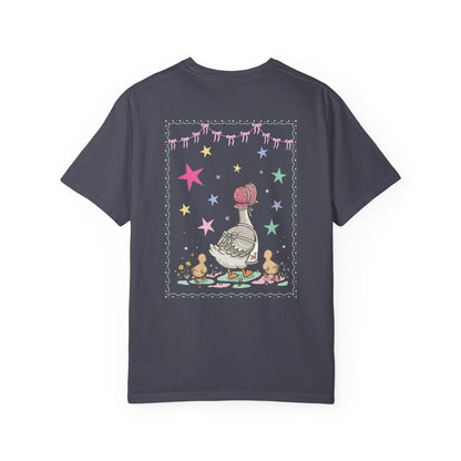 navy t-shirts with front and back graphic designs of a mother goose her ducklings with phrase "everyday im mothering" and text on a white background