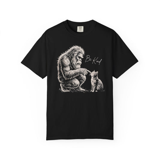  Be Kind Bigfoot & Kitten T-Shirt in Black — Sasquatch graphic tee for cat lovers