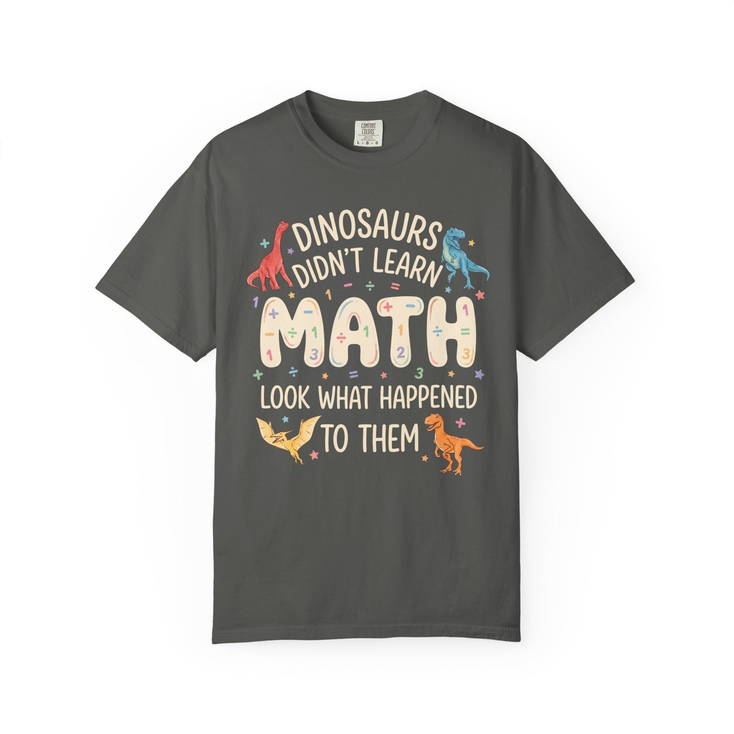 pepper t-shirt with dinosaur-themed text on a white background