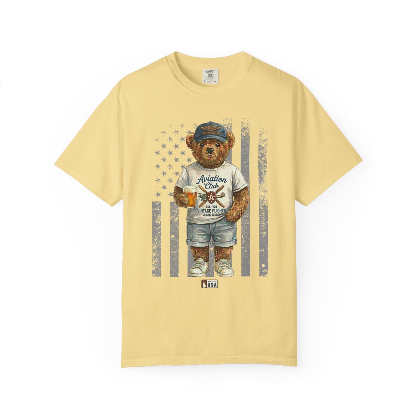 banana t-shirt with a bear graphic holding a drink on a white background