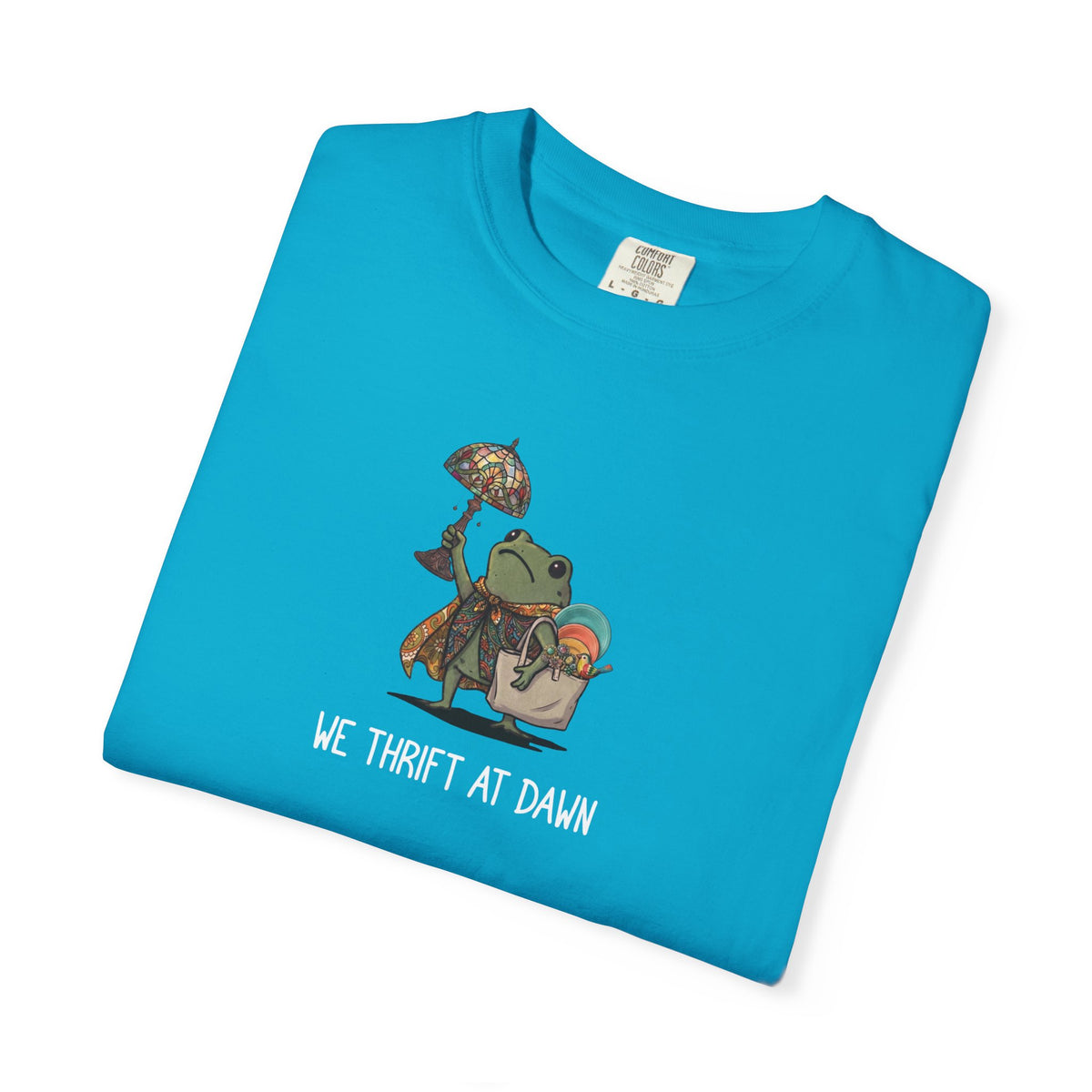 We Thrift at Dawn frog graphic tee in Sapphire  — vintage camping thrift haul design