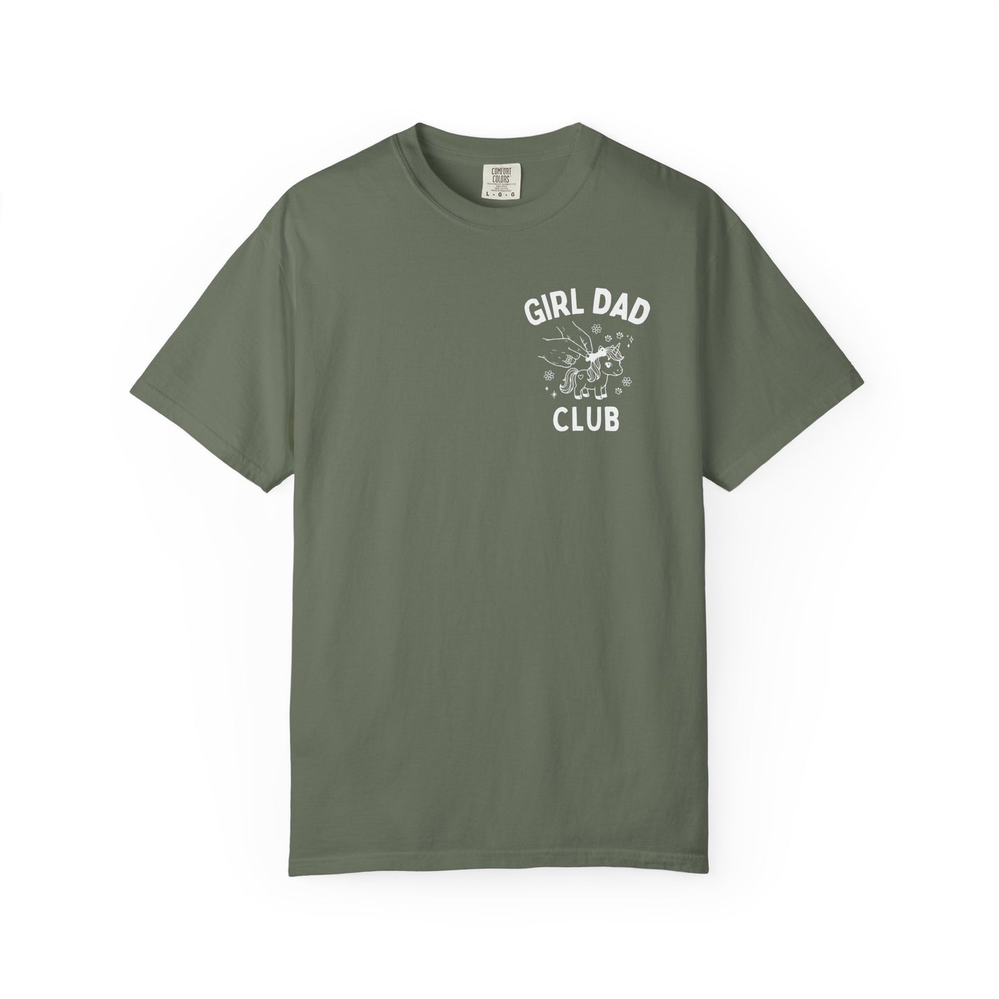 Girl Dad Club moss t-shirt with graphic print on a plain background