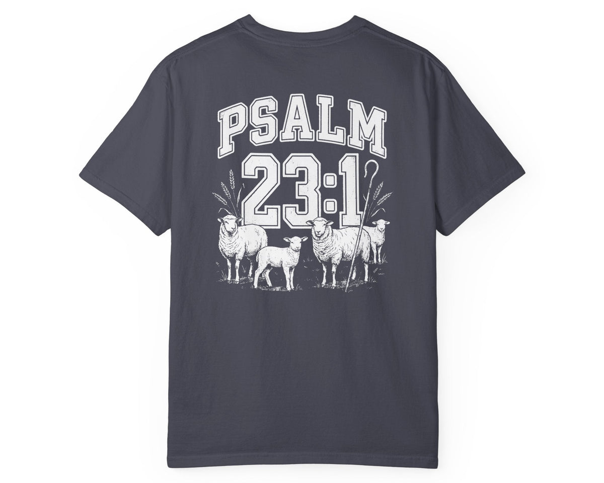 Navy Psalm 23:1 faith shirt with shepherd graphic design and scripture text shown on model