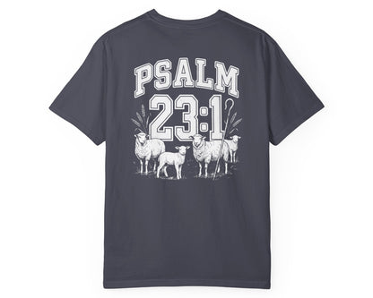 Navy Psalm 23:1 faith shirt with shepherd graphic design and scripture text shown on model