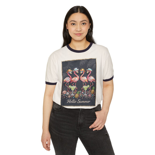 Hello Summer Flamingo Ringer T-Shirt
