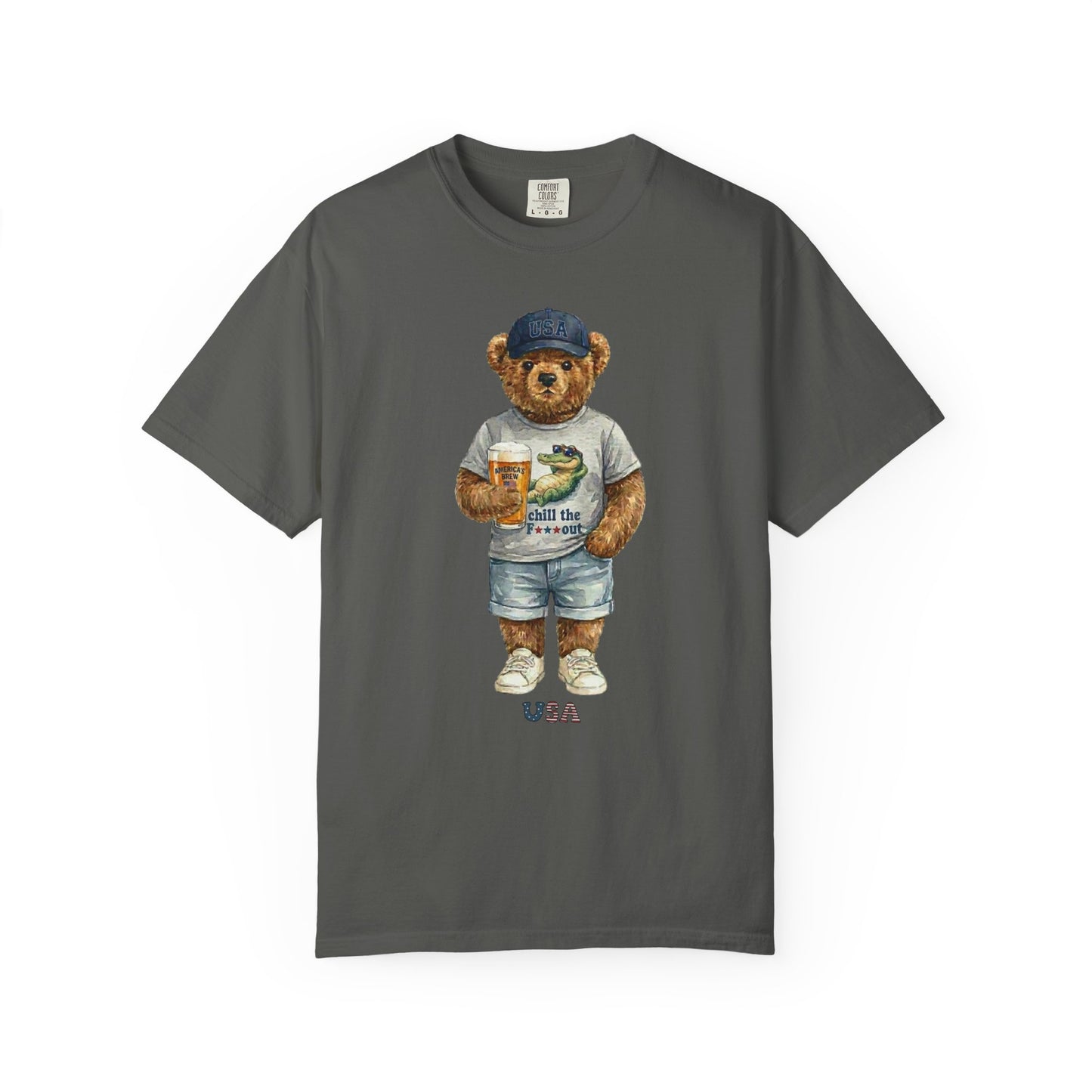 pepper t-shirt with a bear graphic holding a beer mug on a white background